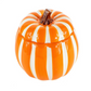 The Ceramic Large Orange/White Line Pumpkin Candle features a pumpkin-shaped ceramic container with orange and white stripes and a brown stem on the lid, perfect for Halloween decor.