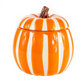 The Ceramic Large Orange/White Line Pumpkin Candle is a Halloween candle container shaped like a pumpkin, decorated with orange and white vertical stripes and topped with a brown stem lid handle.