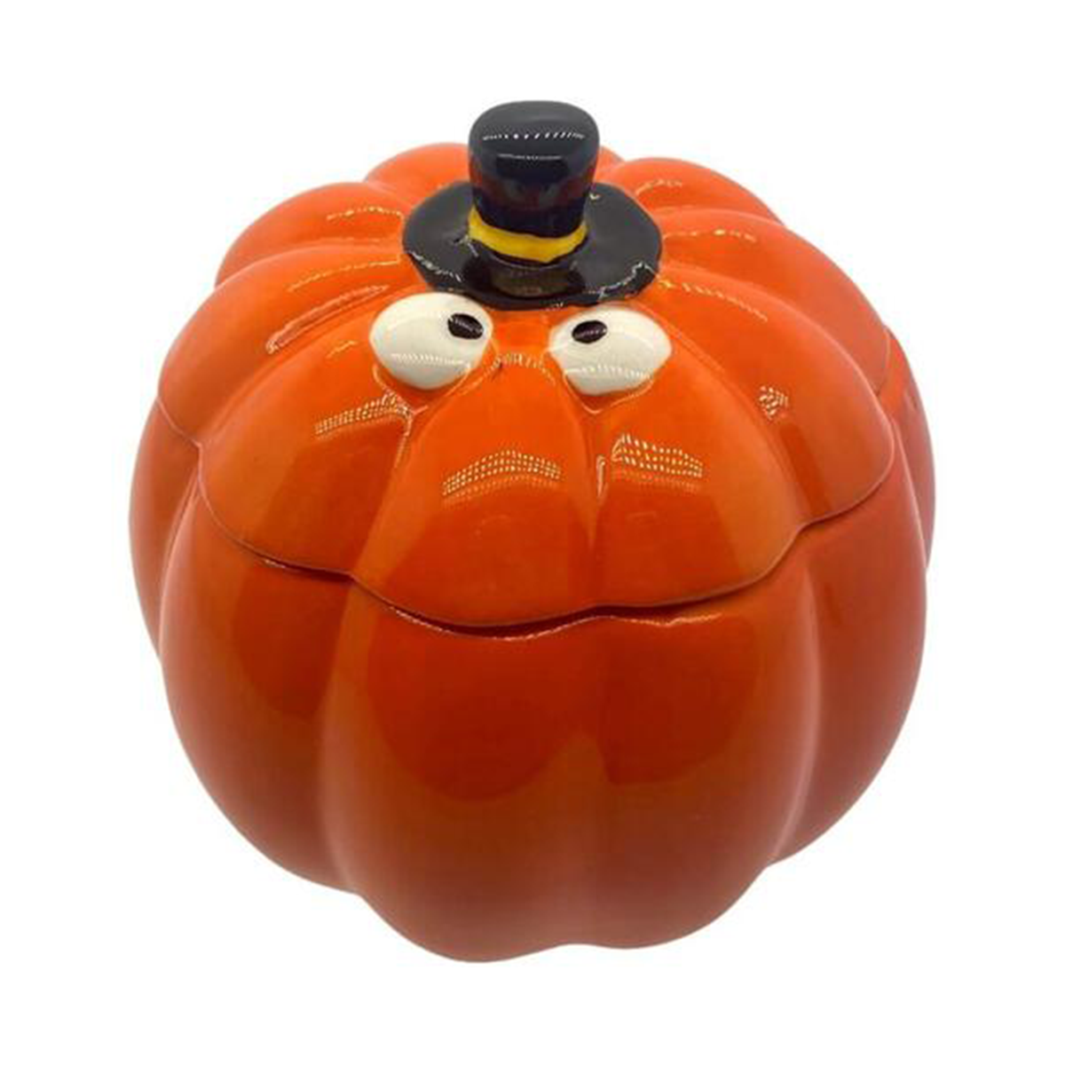 The Ceramic Orange Halloween Pumpkin Candle w/ Hat Lid features a pumpkin face and a small black top hat, ideal for displaying your favorite fall candle. Shown on a white background.