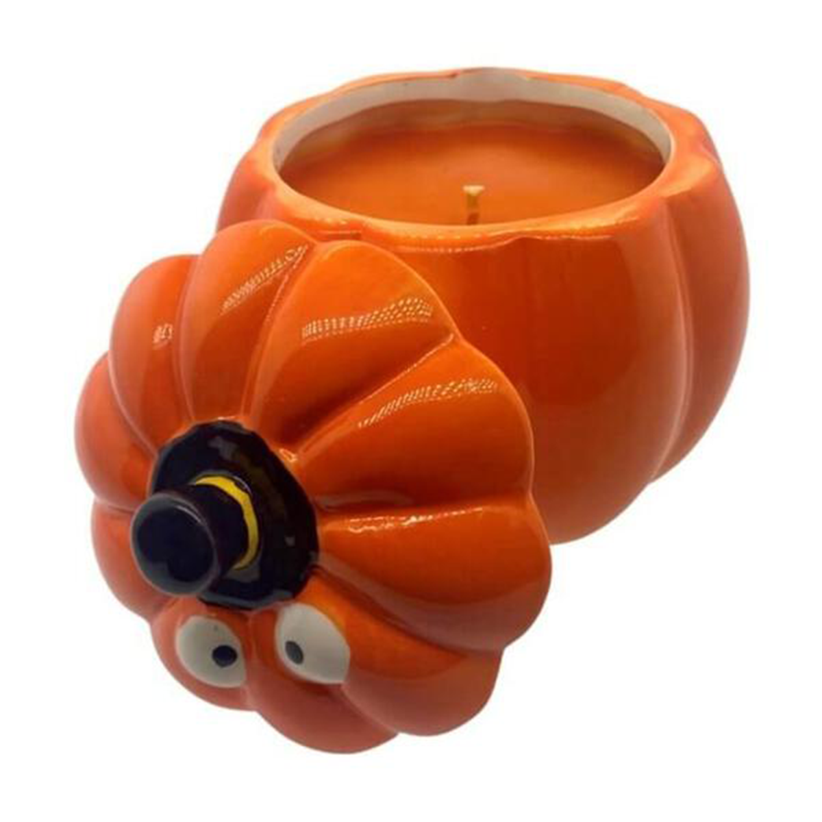 The Ceramic Orange Halloween Pumpkin Candle w/ Hat Lid is a pumpkin-shaped ceramic container with googly eyes, featuring an orange fall-scented candle inside.