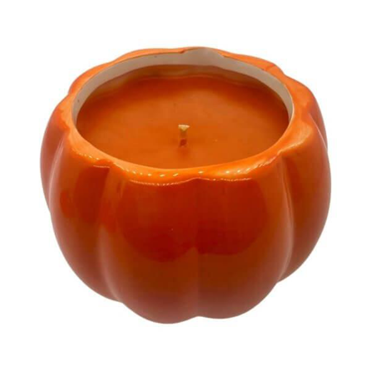 The Ceramic Orange Halloween Pumpkin Candle w/ Hat Lid features a single wick and orange wax, photographed against a white background.