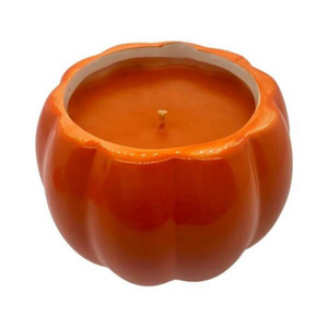 The Ceramic Orange Halloween Pumpkin Candle w/ Hat Lid features a single wick and orange wax, photographed against a white background.