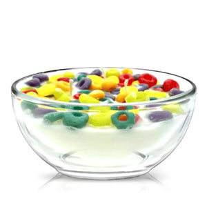 The Cereal Fruity Loops Candle features a clear glass reusable bowl filled with creamy wax and topped with colorful cereal pieces—perfect for fans of unique, fun cereal bowl candles.