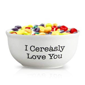 The Fruity Loops Cereal Candle - "I Cereasly Love You" features a white reusable bowl with colorful cereal pieces, perfect as an eco-friendly candle or for enjoying your breakfast.