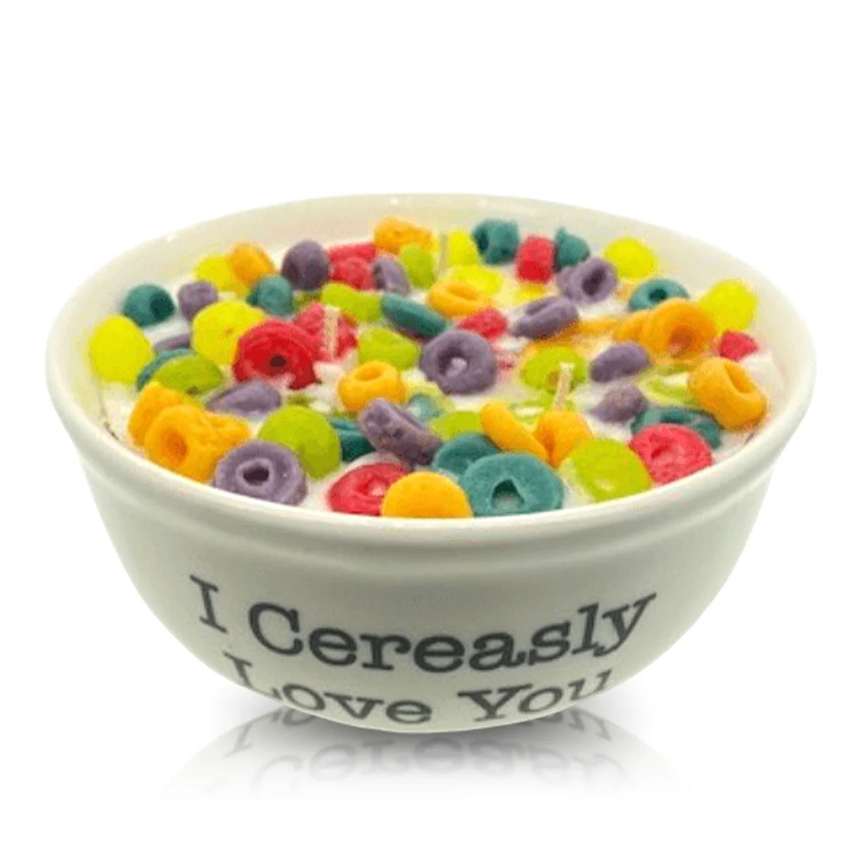 A white Fruity Loops Cereal Candle titled "I Cereasly Love You," designed to look like a bowl of colorful cereal and milk, with the phrase printed on the side.