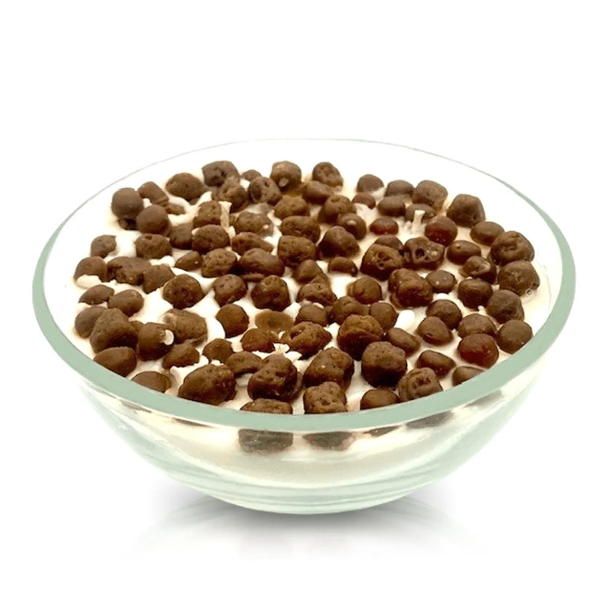 The Cereal Puffy Coco Candle features a reusable cereal bowl design, filled with white yogurt-like wax and topped with round chocolate cereal pieces for a delightful presentation.