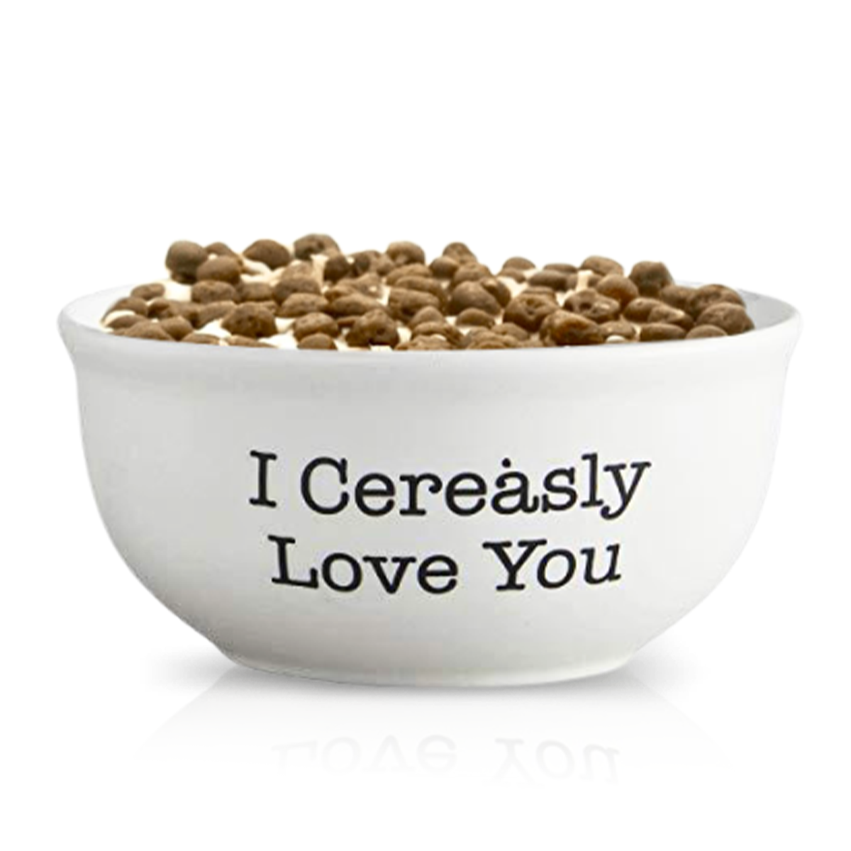 The Cereal Puffy Coco Cereal with White Quoted Bowl is a reusable bowl filled with cereal pieces, featuring the phrase "I Cereàlsy Love You" printed on the side.