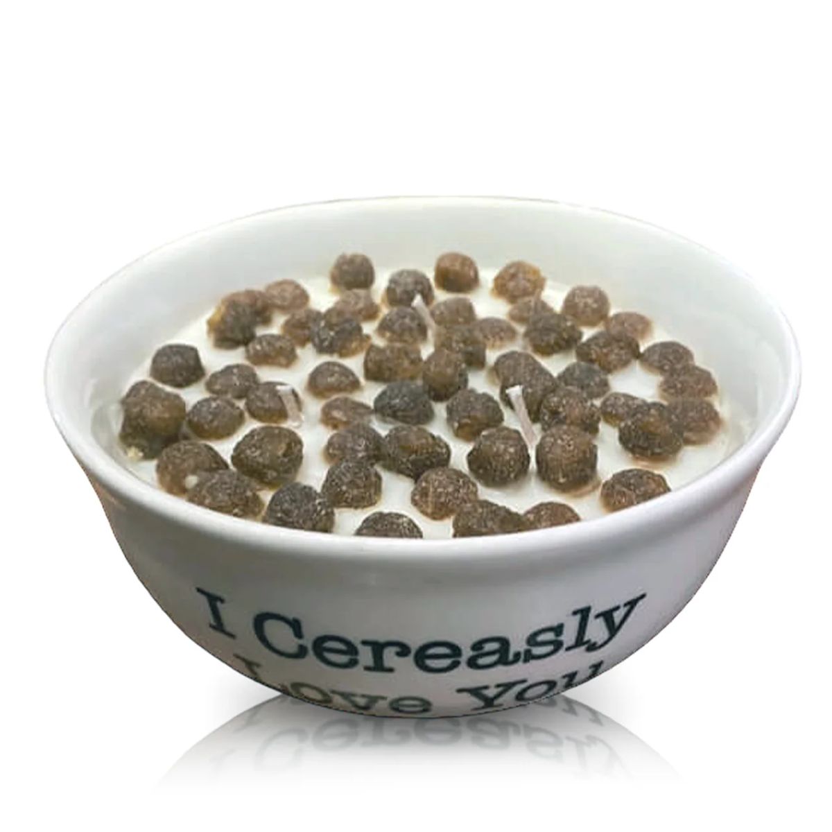 A white quoted bowl labeled "I Cereasly Love You" is filled with Cereal Puffy Coco cereal and milk.