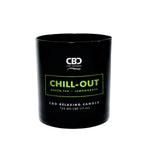 The CHILL-OUT Aromatherapy Candle 11oz is a black all-natural soy wax candle labeled “Green Tea • Lemongrass” with 125 MG CBD—an inviting CBD aromatherapy candle perfect for calming and relaxing moments.