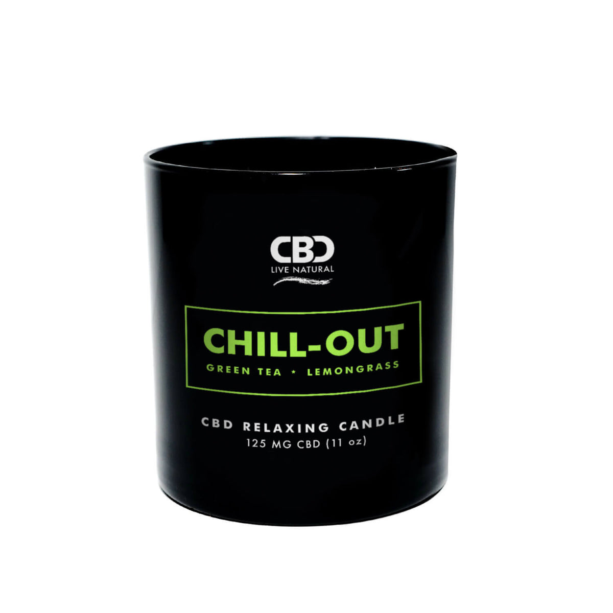 The CHILL-OUT Aromatherapy Candle 11oz is a black all-natural soy wax candle labeled “Green Tea • Lemongrass” with 125 MG CBD—an inviting CBD aromatherapy candle perfect for calming and relaxing moments.