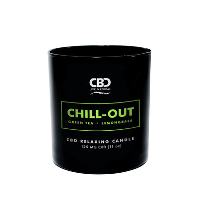 The CHILL-OUT Aromatherapy Candle 11oz is a black all-natural soy wax candle labeled “Green Tea • Lemongrass” with 125 MG CBD—an inviting CBD aromatherapy candle perfect for calming and relaxing moments.