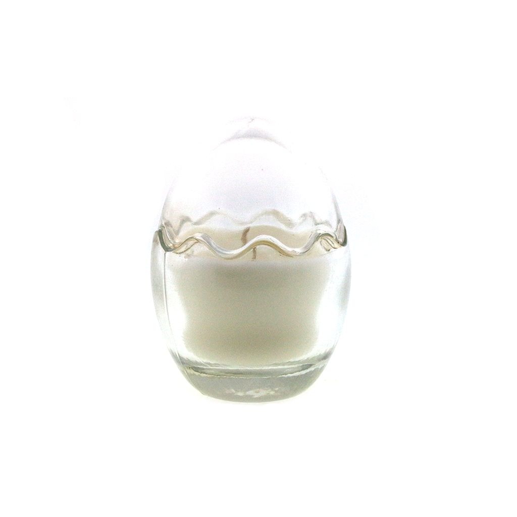 The Clear Glass Easter Egg features an egg-shaped clear glass container with a wavy middle seam, holding a white natural wax candle inside, displayed against a white background.