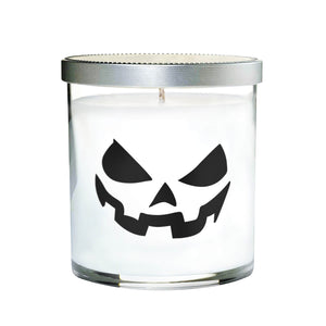 The Clear Tumblr Halloween Candle with Scary Pumpkin (Face #3) features white soy wax in a glass jar with a black pumpkin face design and silver lid—perfect as a spooky Halloween candle.