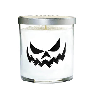 The Clear Tumblr Halloween Candle with Scary Pumpkin (Face #5) is a tumbler glass jar candle with a silver lid and a bold black jack-o’-lantern face—perfect as festive Halloween decor.