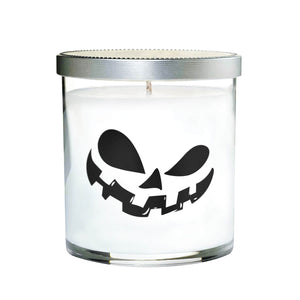The Clear Tumblr Halloween Candle with Scary Pumpkin (Face #2) is a clear glass jar candle with a white soy wax, black jack-o'-lantern face design, and silver lid—perfect for adding festive Halloween decor to your space.