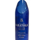 The Recycled Still Spring Water Bottle Candle is crafted from a blue glass Saratoga Still Natural Spring Water 20 fl oz (591 ml) bottle, featuring white text and logo—offering a unique, eco-friendly decor option.