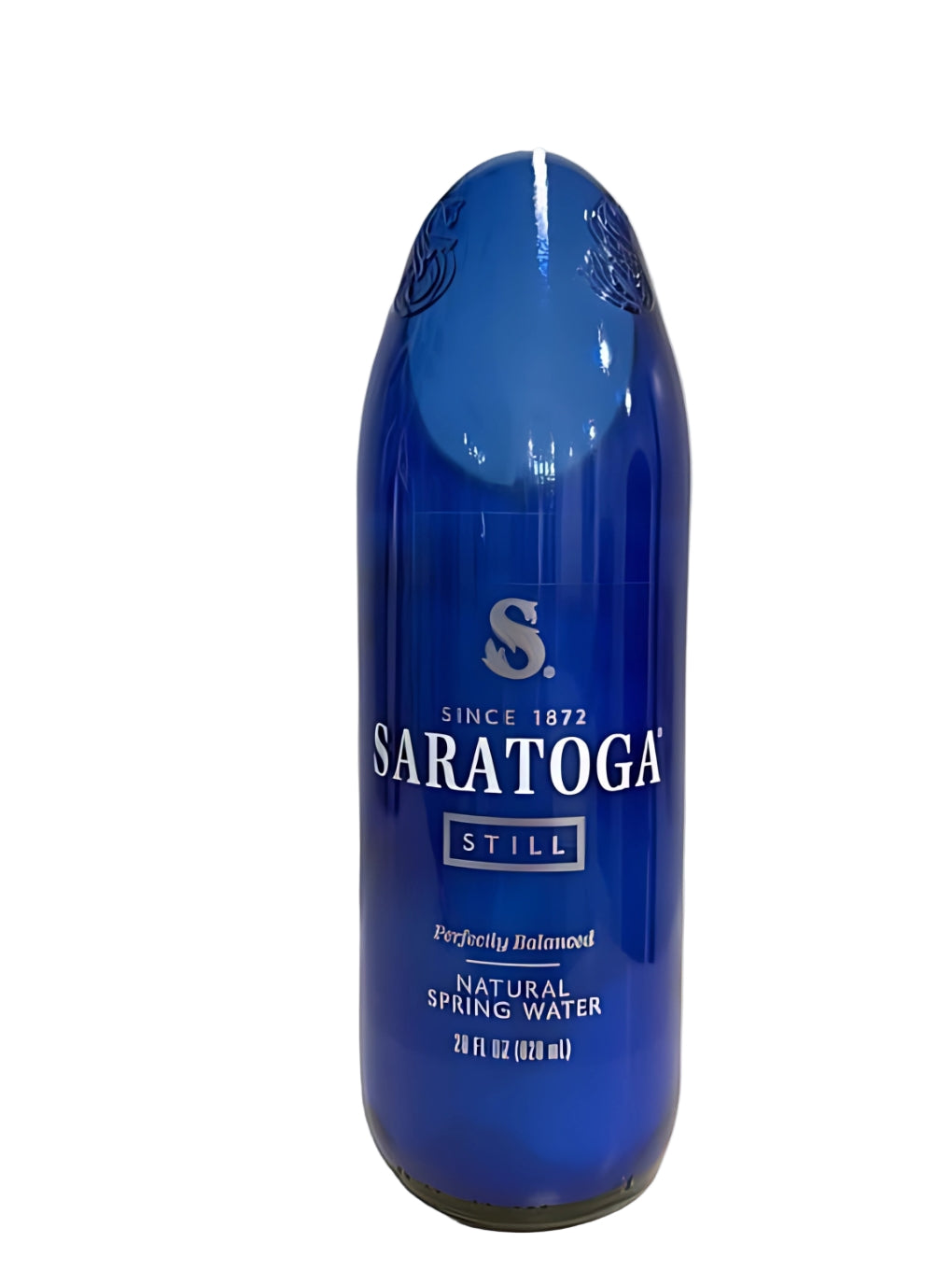 The Recycled Still Spring Water Bottle Candle is crafted from a blue glass Saratoga Still Natural Spring Water 20 fl oz (591 ml) bottle, featuring white text and logo—offering a unique, eco-friendly decor option.