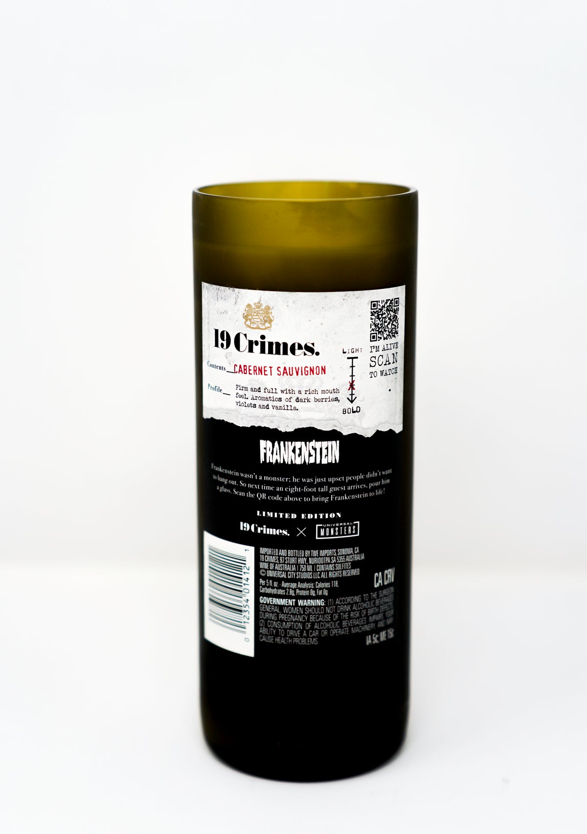 The Recycled Frankenstein Candle is a dark green bottle candle featuring a "19 Crimes Cabernet Sauvignon" and "Frankenstein" label, displayed on a white background.
