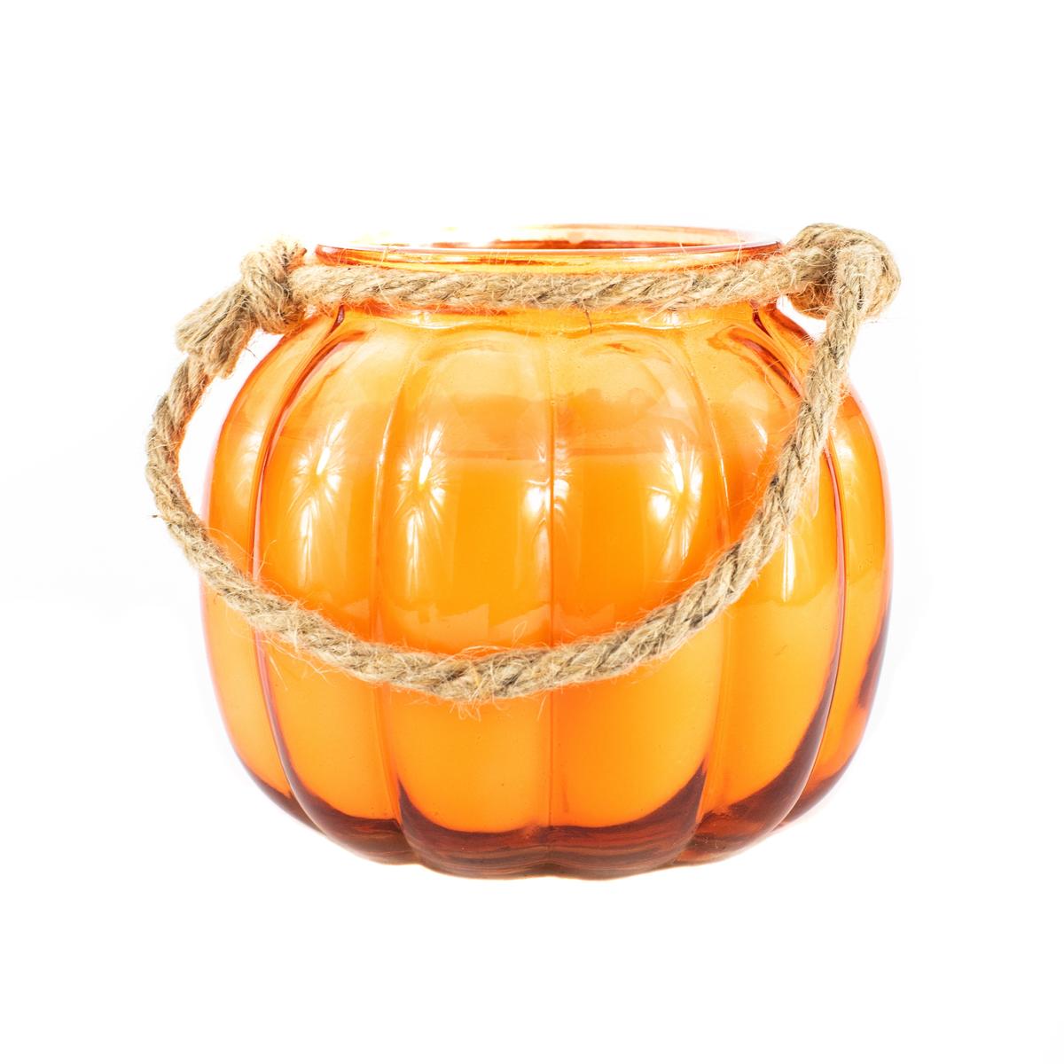The Glass Pumpkin Lantern is an orange pumpkin-shaped glass jar with a rope handle, perfect as a Halloween lantern to add festive charm to any space. Shown against a white background.