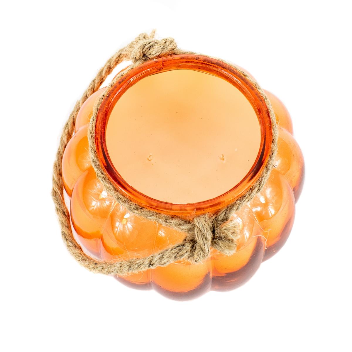 The Glass Pumpkin Lantern is an orange candle holder shaped like a pumpkin with a rope handle, shown from above on a white background—ideal as a festive Halloween lantern.