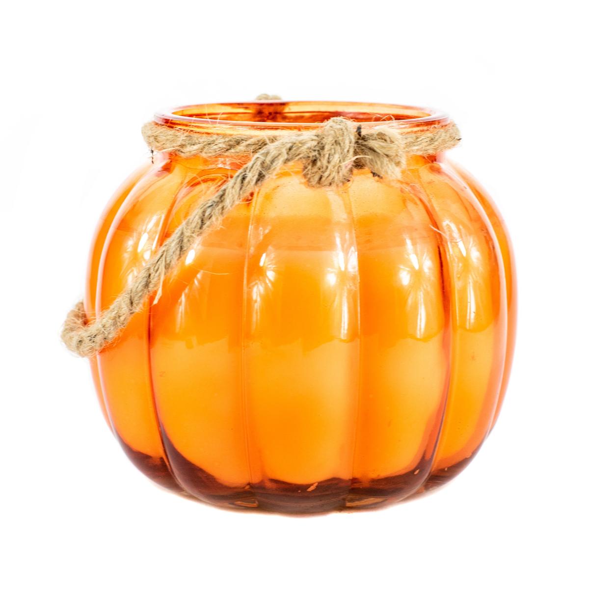 The Glass Pumpkin Lantern is an orange, pumpkin-shaped glass jar with a sturdy twine handle, ideal for festive decor. Displayed against a white background.