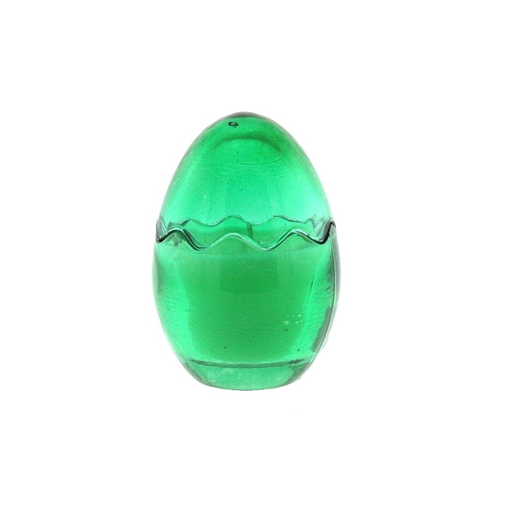 The Green Glass Easter Egg is an egg-shaped candle with a wavy crackle detail, made of natural wax and infused with a sweet peeps scent for a festive springtime atmosphere.