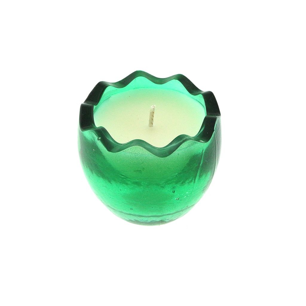 The Green Glass Easter Egg features an all-natural white, egg-shaped candle in a round green glass holder with a wavy rim, viewed from above on a white background—perfect for filling your space with gentle peeps fragrance.
