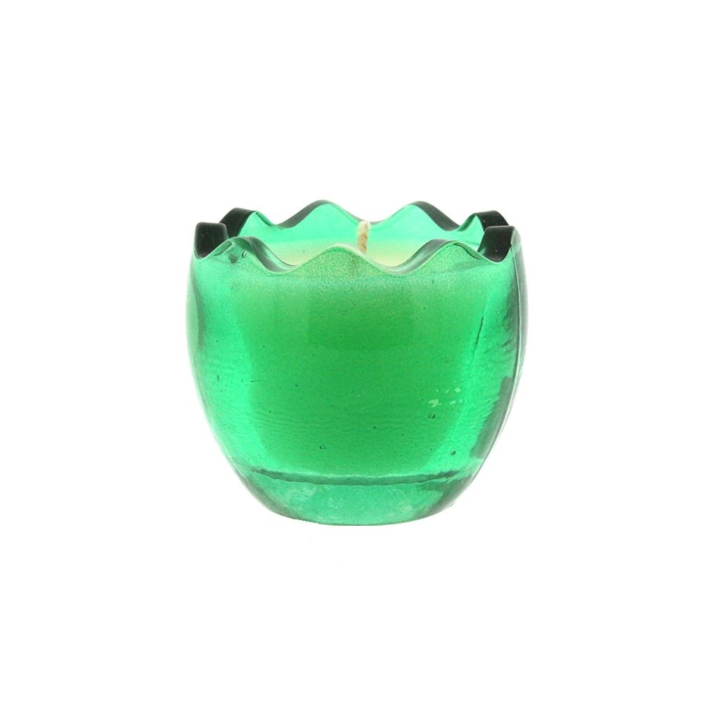 The Green Glass Easter Egg features a green glass candle holder with a wavy rim and an egg-shaped all-natural wax candle inside, displayed against a plain white background.