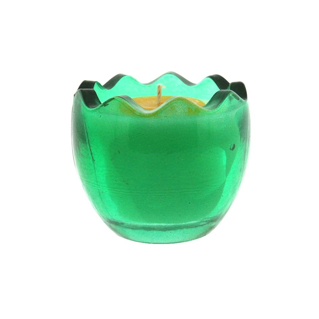 The Green Glass Easter Egg w/ Yoke features a wavy-rimmed green glass holder with an egg-shaped natural wax candle, displayed against a white background.