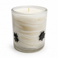Halloween artisan candle with a black glass spider and web on a marbled vessel