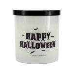 The Happy Halloween Candle features a white frosted jar, black lid, bold “Happy Halloween” text, and bat graphics. Made by Custom Candle Co. from soy wax, it’s perfect for creating a festive mood.