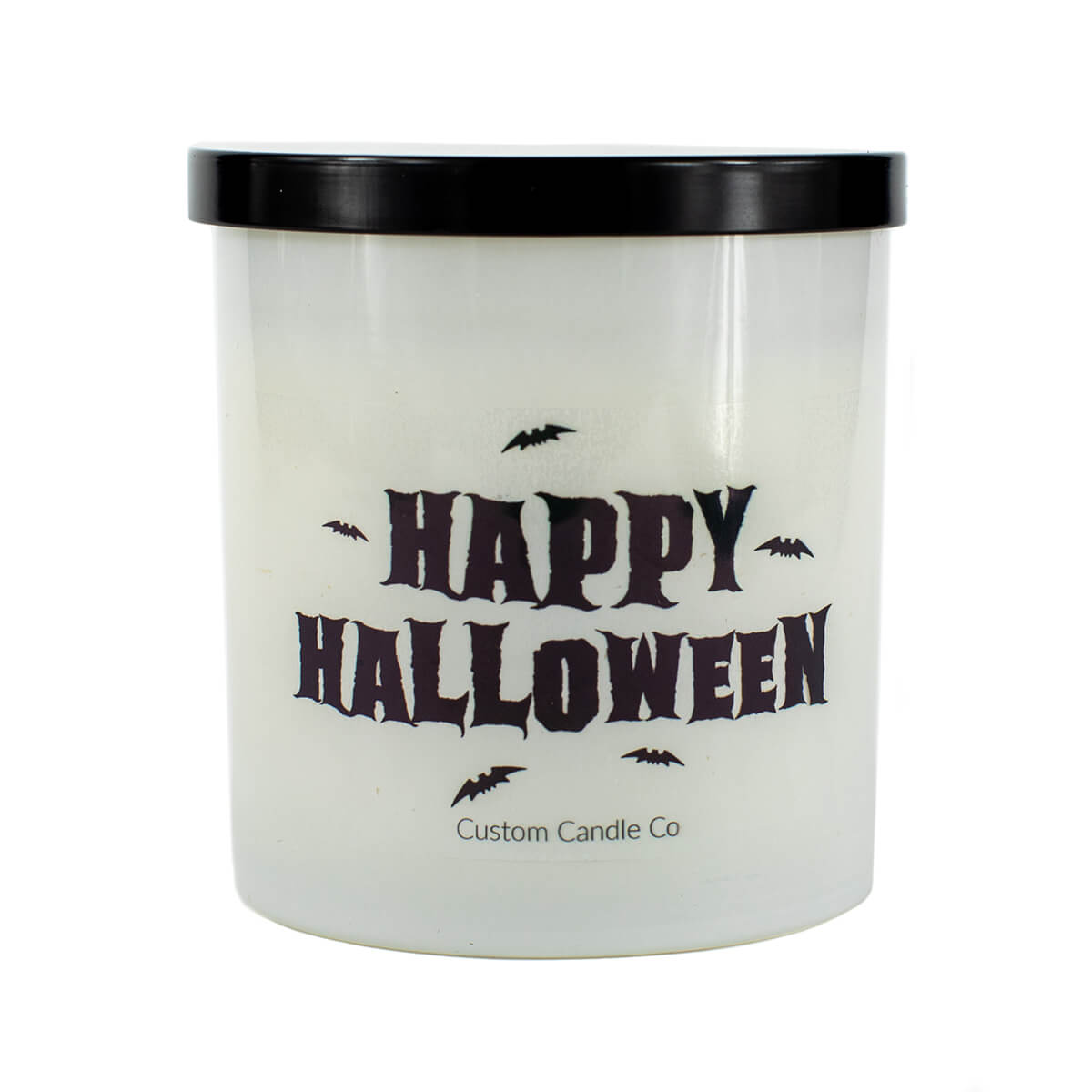 The Happy Halloween Candle features a white frosted jar, black lid, bold “Happy Halloween” text, and bat graphics. Made by Custom Candle Co. from soy wax, it’s perfect for creating a festive mood.