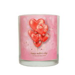 The "Happy Mother's Day" White Glass Candle features a pink label with red heart-shaped balloons and "happy mother's day, you're the best mom." This custom soy candle is a thoughtful gift to celebrate Mom.