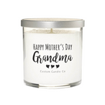 The "Happy Mother's Day, Grandma" Clear Glass Candle, featuring three heart icons, is a white soy candle in a clear jar—an ideal Mother’s Day gift from Custom Candle Co.