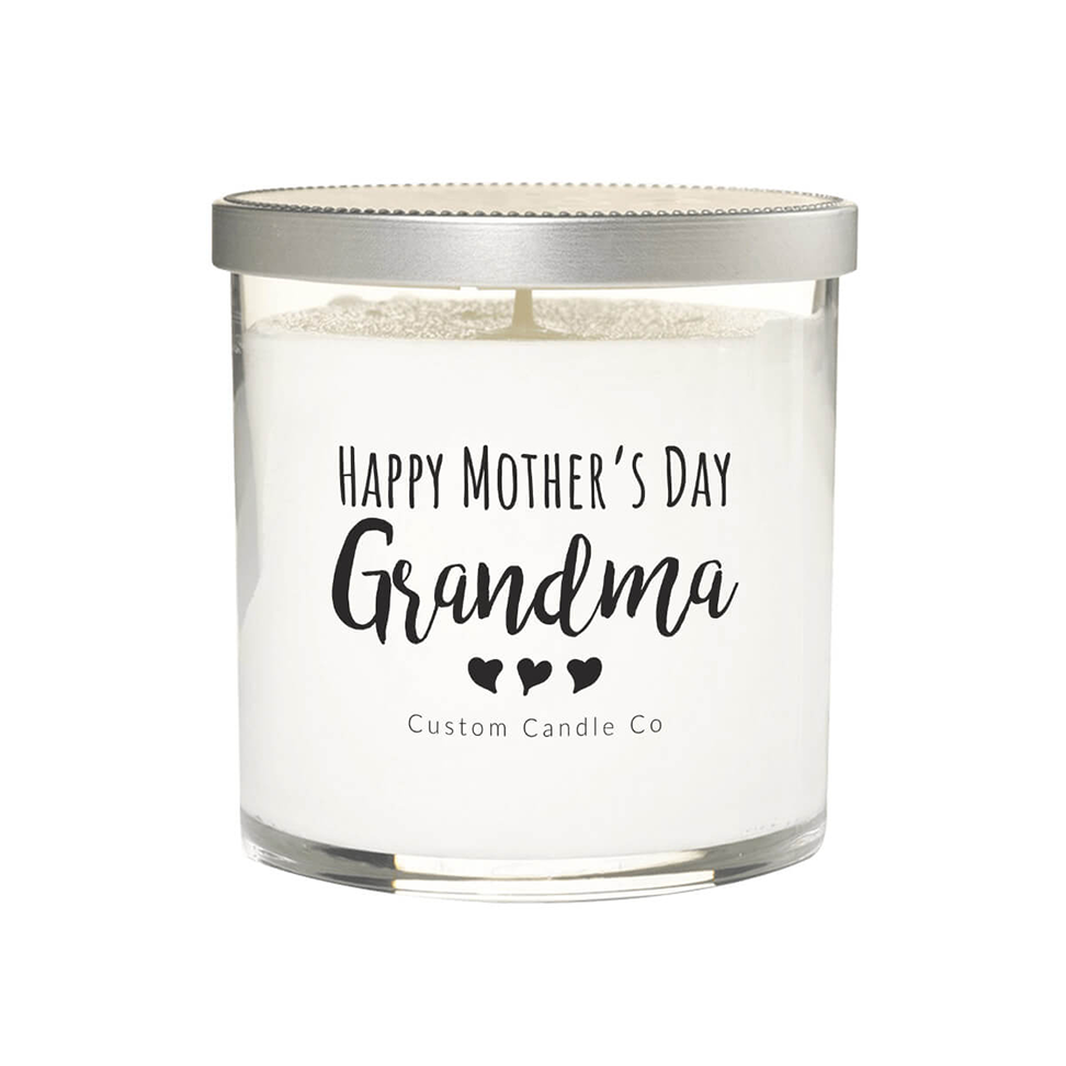 The "Happy Mother's Day, Grandma" Clear Glass Candle, featuring three heart icons, is a white soy candle in a clear jar—an ideal Mother’s Day gift from Custom Candle Co.