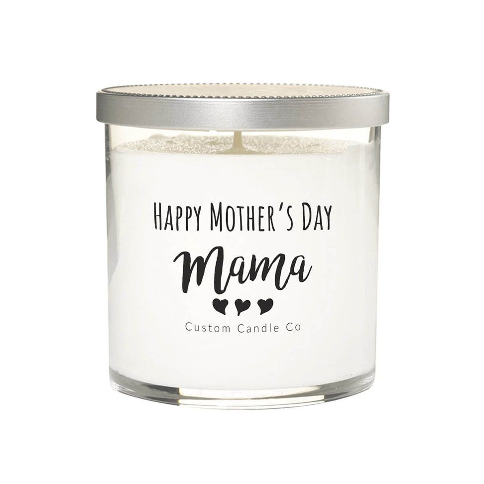 The "Happy Mother's Day, Mama" Clear Glass Candle is a white soy candle in a clear glass jar with a silver lid. The label features three hearts and "Custom Candle Co," making it an ideal personalized Mother’s Day gift.