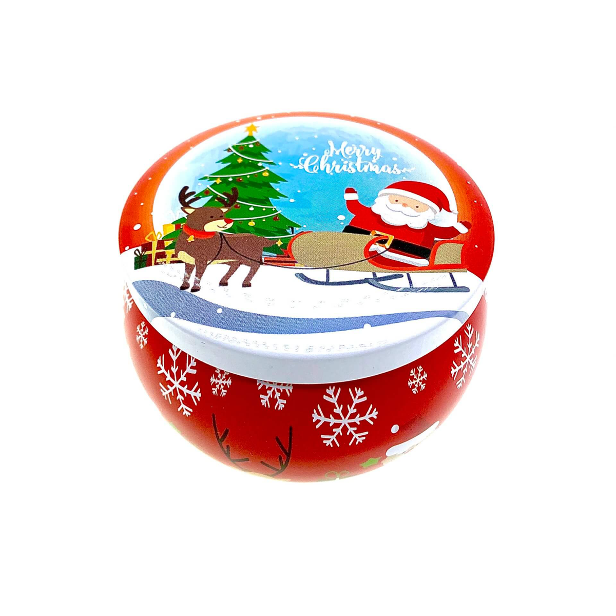 The Merry Christmas Holiday Tin Candle – Christmas Cookie Scent features a round red tin with snowflakes, Santa in a sleigh and "Merry Christmas" above—perfect for filling your space with festive cheer.