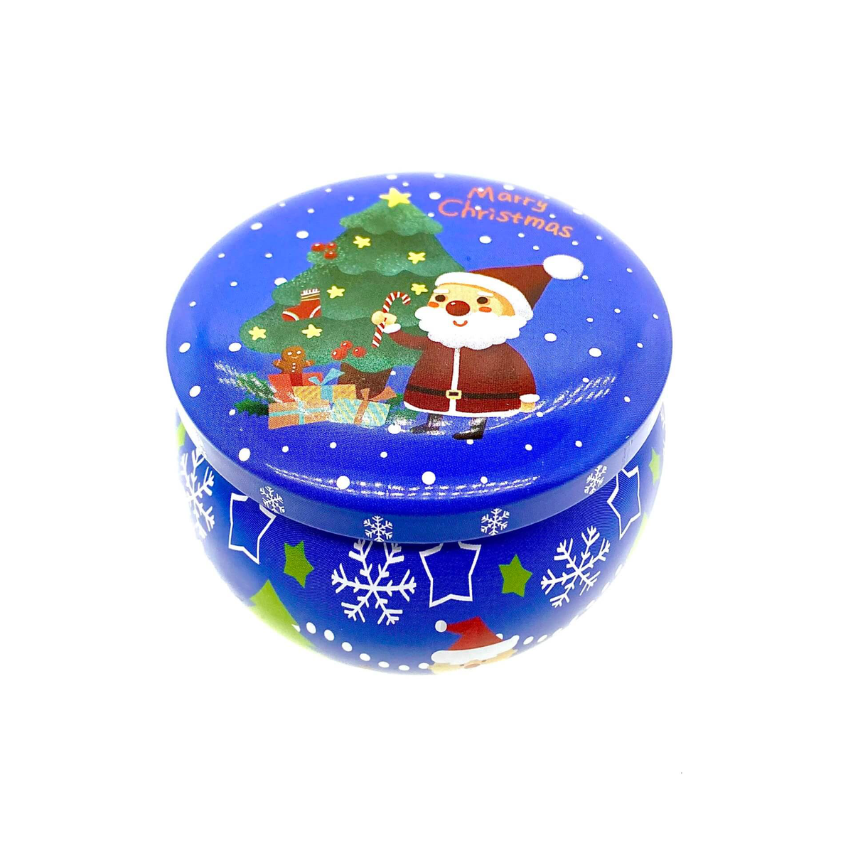 The Dark Blue Santa Holiday Tin Candle – Christmas Garland Scent comes in a round dark blue tin with snowflakes, stars, and Santa waving by a tree and gifts. The lid reads “Merry Christmas.” Contains a soy wax candle with a festive fragrance.