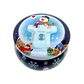 The Dark Blue Snowman Holiday Tin Candle features a festive winter scene with a snowman in a scarf, igloo, houses, presents, and snowflakes. Crafted from soy wax with a Holiday Sparkle scent, it captures the season’s charm.
