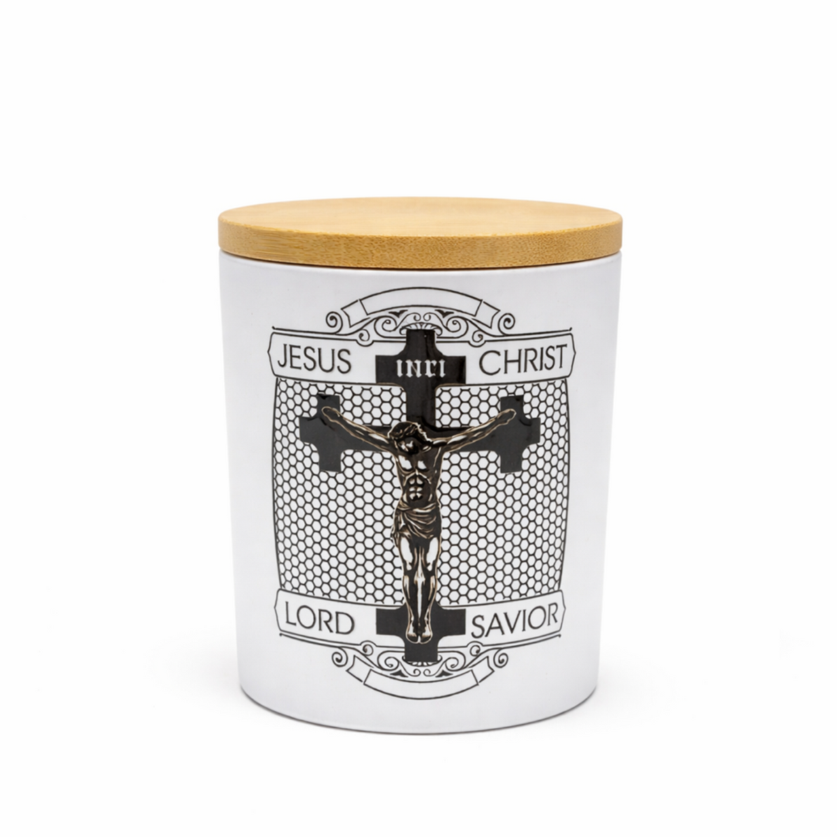 White container candle with wooden lid featuring a crucifixion design and text on a white background