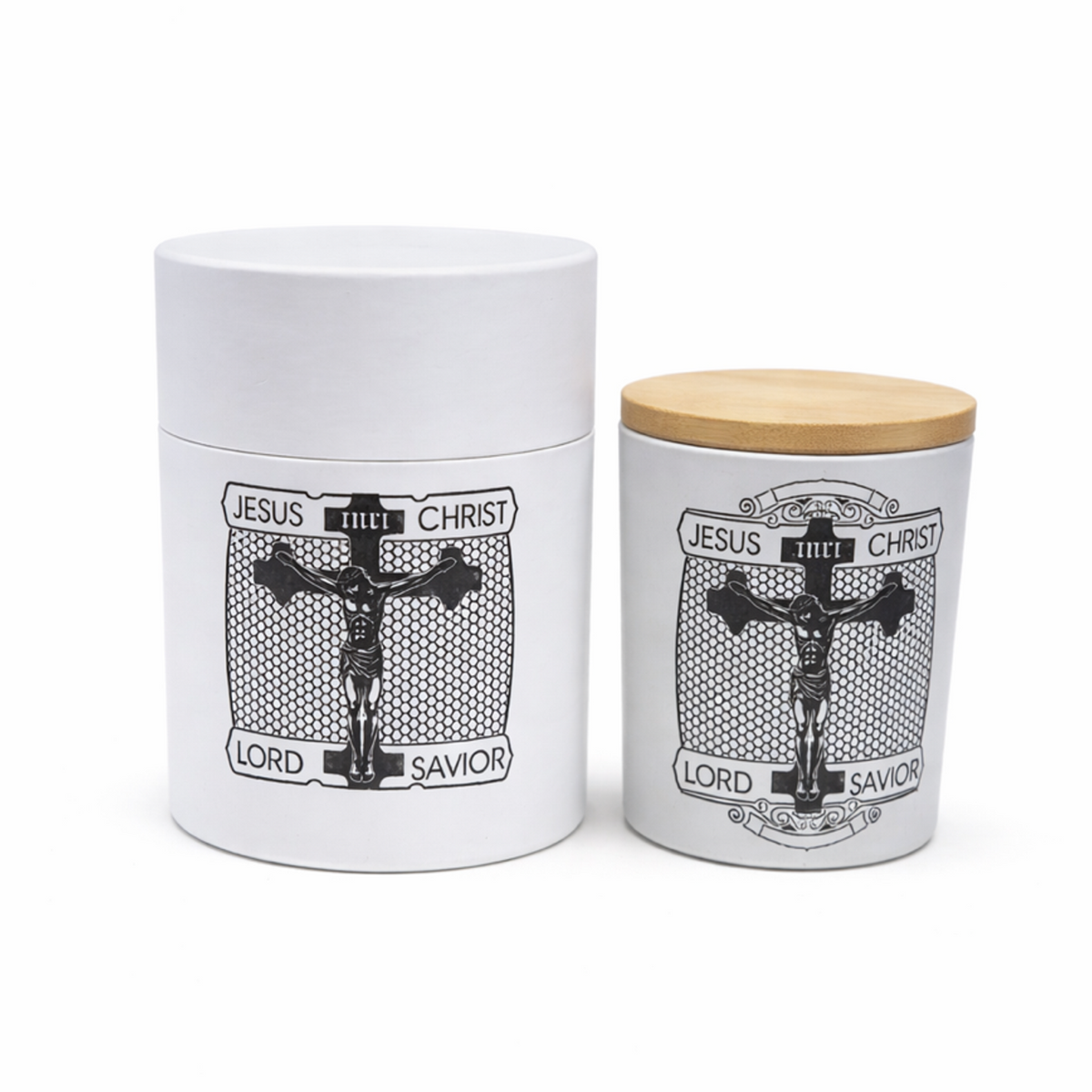 white container Candle with wooden lids featuring a crucifixion illustration and text on a white background next to its box.