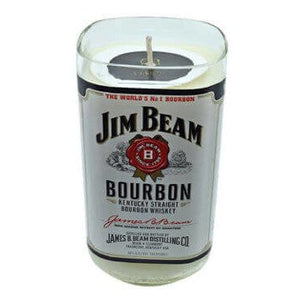 The Recycled Kentucky Straight Bourbon Whiskey Candle comes in a glass container made from a recycled whiskey bottle, featuring an authentic Jim Beam label—ideal for bourbon lovers and unique home decor enthusiasts.