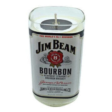 The Recycled Kentucky Straight Bourbon Whiskey Candle comes in a glass container made from a recycled whiskey bottle, featuring an authentic Jim Beam label—ideal for bourbon lovers and unique home decor enthusiasts.