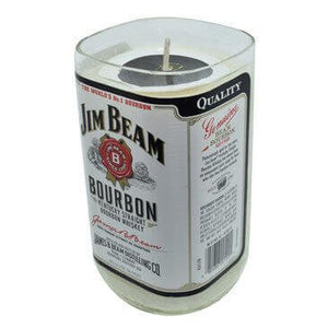 The Recycled Kentucky Straight Bourbon Whiskey Candle is set in a glass made from a recycled whiskey bottle and features the original Jim Beam Bourbon label for a unique, bourbon-inspired look.