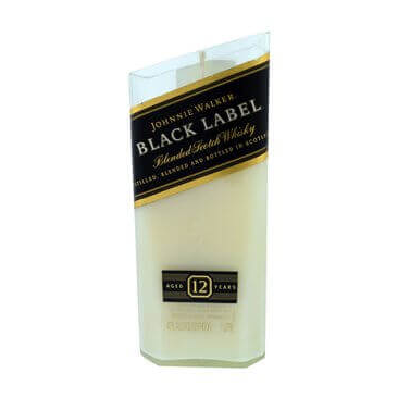 The Recycled Black Label Whiskey Candle is a white recycled candle in a bottle-shaped glass labeled "Johnnie Walker Black Label 12 Year Old Blended Scotch Whisky," upcycled for a stylish addition to any space.