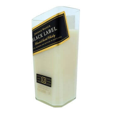 The Recycled Black Label Whiskey Candle is crafted in a glass container shaped like a Johnnie Walker Black Label bottle, featuring the original label—ideal for fans of upcycled whiskey bottles.