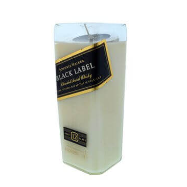 The Recycled Black Label Whiskey Candle features a white recycled candle in a glass container with a Johnnie Walker Black Label-style design—ideal for fans of whiskey bottle candles and unique décor.