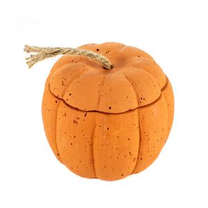 The Orange Cement Pumpkin Candle features a round design with a removable lid and rope stem, making it a charming candle holder—perfect for displaying your favorite candle on any surface.