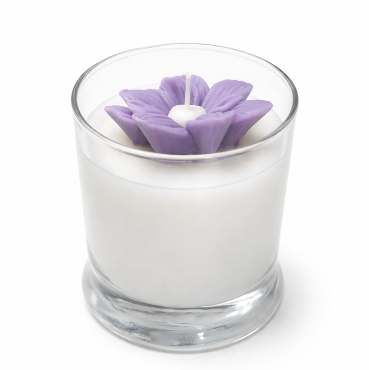Candle with a purple flower-shaped wick on a white background