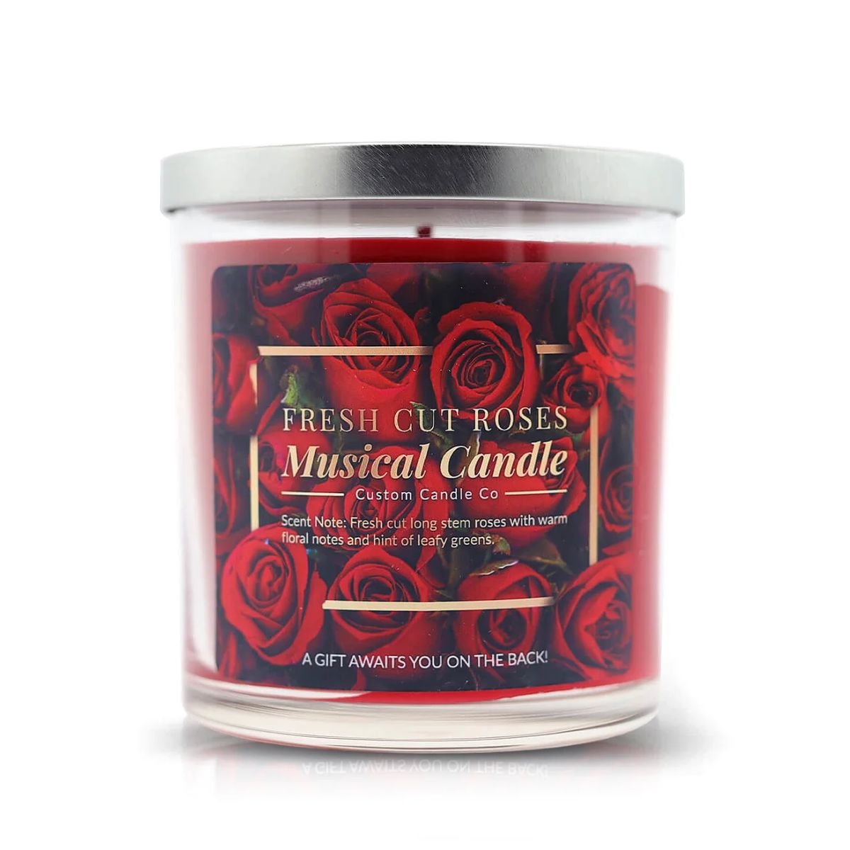 The Musical Love Candle – Fresh Cut Roses is a glass candle with red rose designs and a silver lid. It features a rose scent, plays music, and has a Valentine's Day gift message on the back.